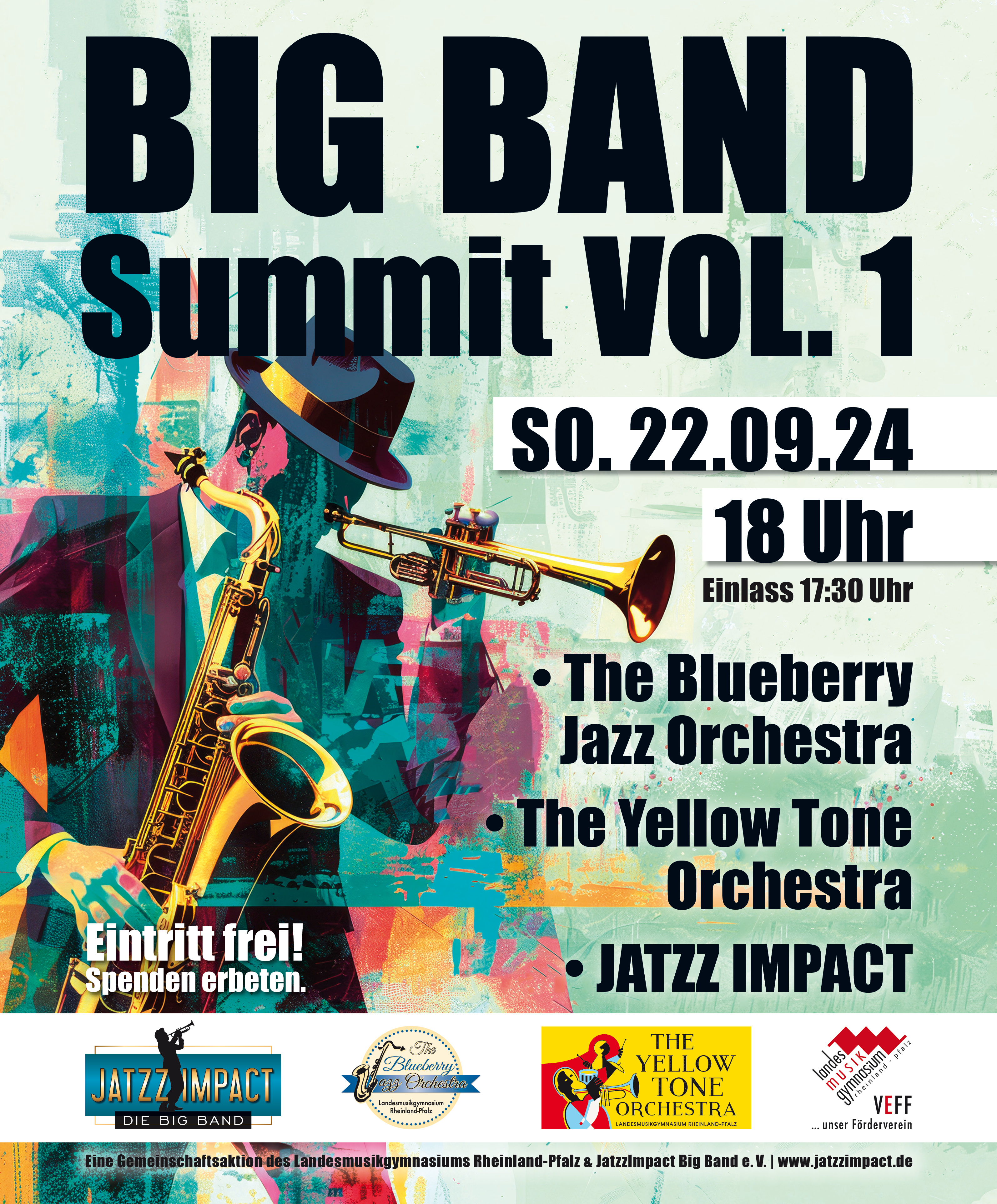 Am 18.06.2023 streamen wir live und in Farbe auf YouTube unser nächstes Konzert, dass wir anlässlich einer Förderung des Bundesmusikverbands Chor und Orchester spielen dürfen. Aus dem Mons Tabor Haus in Montabaur sind wir ab 15:30 Uhr unter folgendem Link zu finden: https://www.youtube.com/@JatzzImpactDieBigBand-xd8lr 